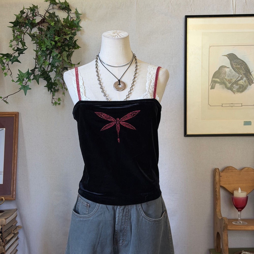 Black Dragonfly Glitter Velvet Cami Goth Y2K 90s XL Whimsygoth Vampy